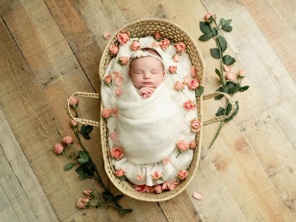 A series of four newborn photography shots featuring a baby wrapped in white fabric surrounded by pink roses on a wooden floor.