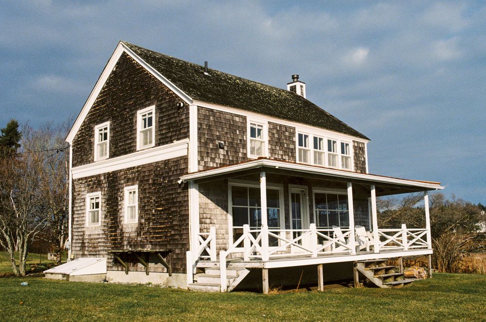 Exterior photograph on 35mm film of Harbor Cottage on a winter's afternoon in Rockland, Maine.