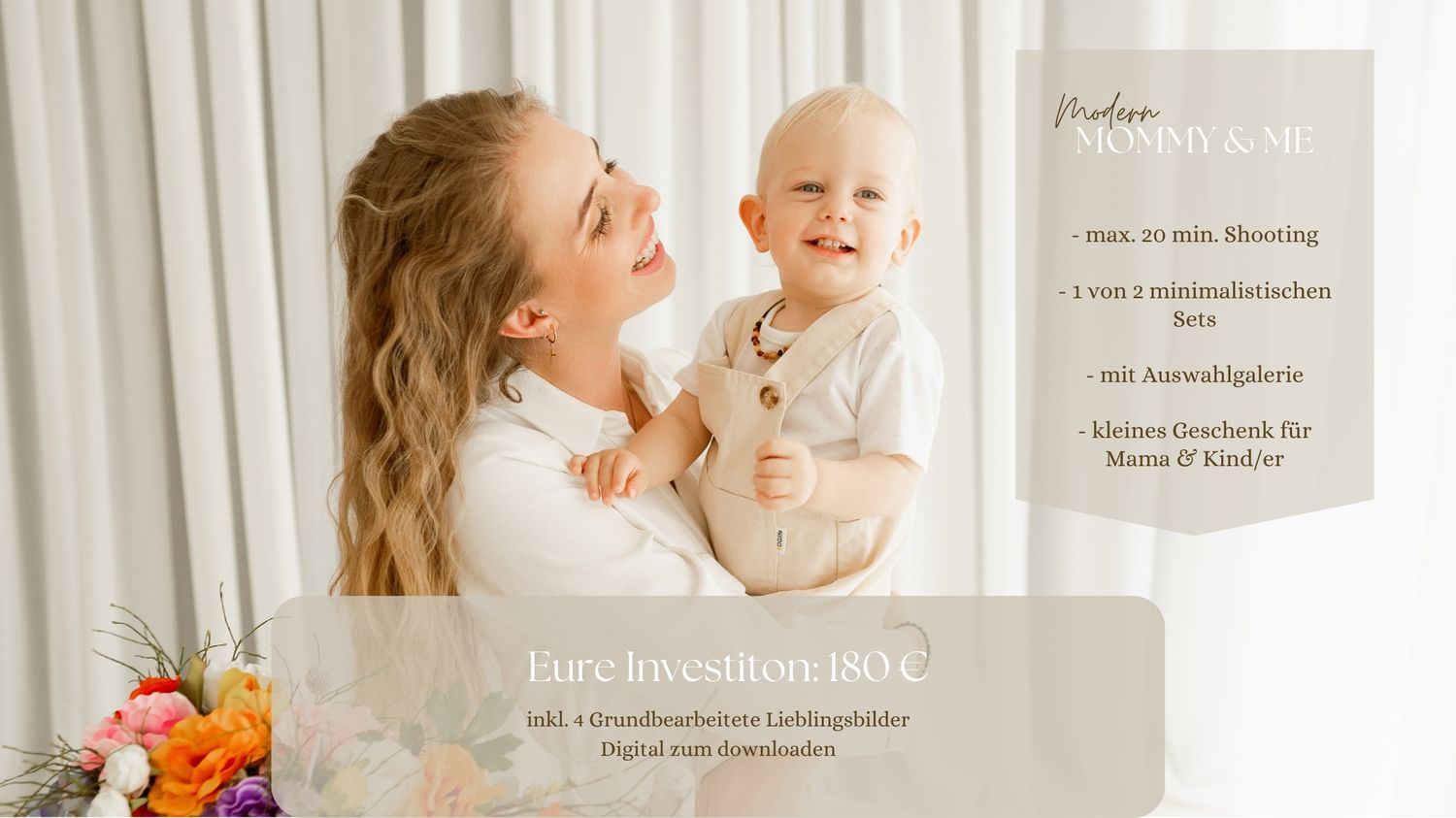 Studio photography pricing information displayed on beige background with parent-child image.