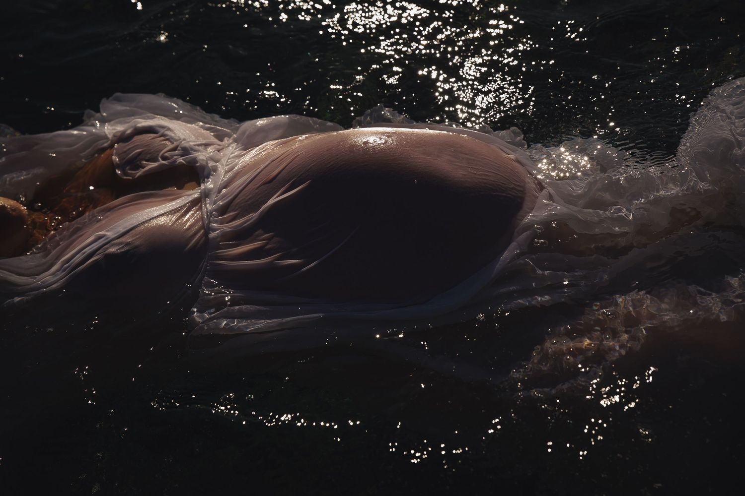 Ethereal underwater photography with light dancing across the dark surface.