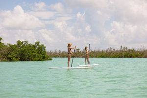 Two people paddleboarding on turquoise tropical waters under cloudy sky.