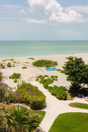 Aerial view of tropical beach landscape with winding sand paths through green coastal vegetation.