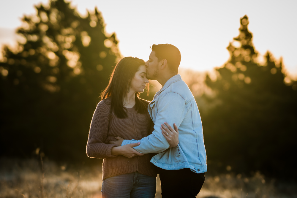 Romantic outdoor portrait in warm sunset light with couple in casual attire.