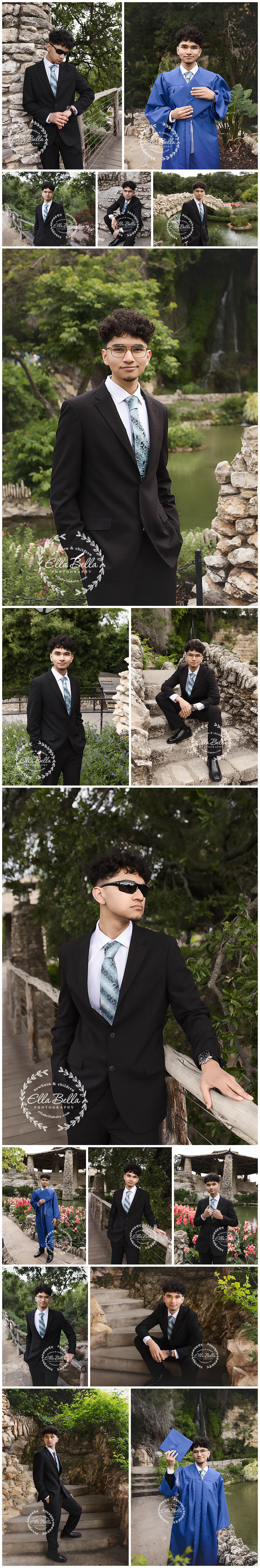 Professional graduation photoshoot in a garden setting featuring formal attire and both black suit and blue cap and gown.