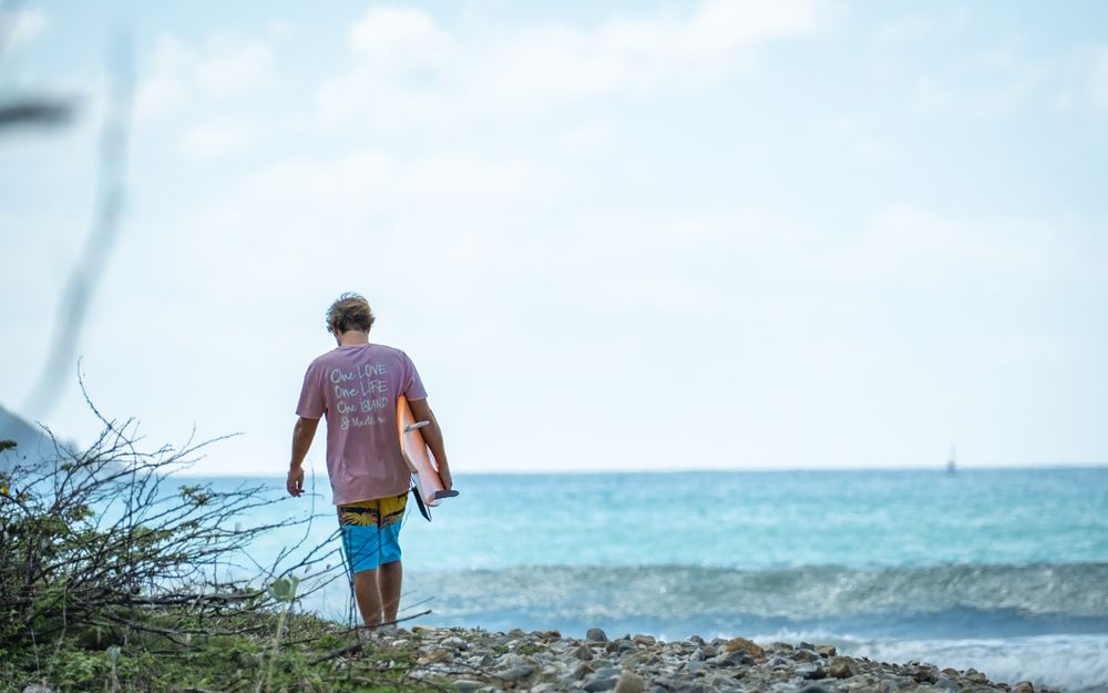 Coastal beach scene with turquoise ocean waters stretching to the horizon.