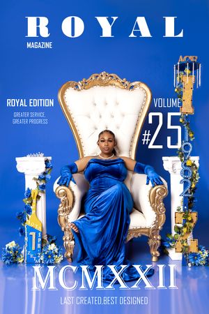 Elegant fashion magazine cover featuring model in royal blue gown seated on ornate white throne with floral decorations.