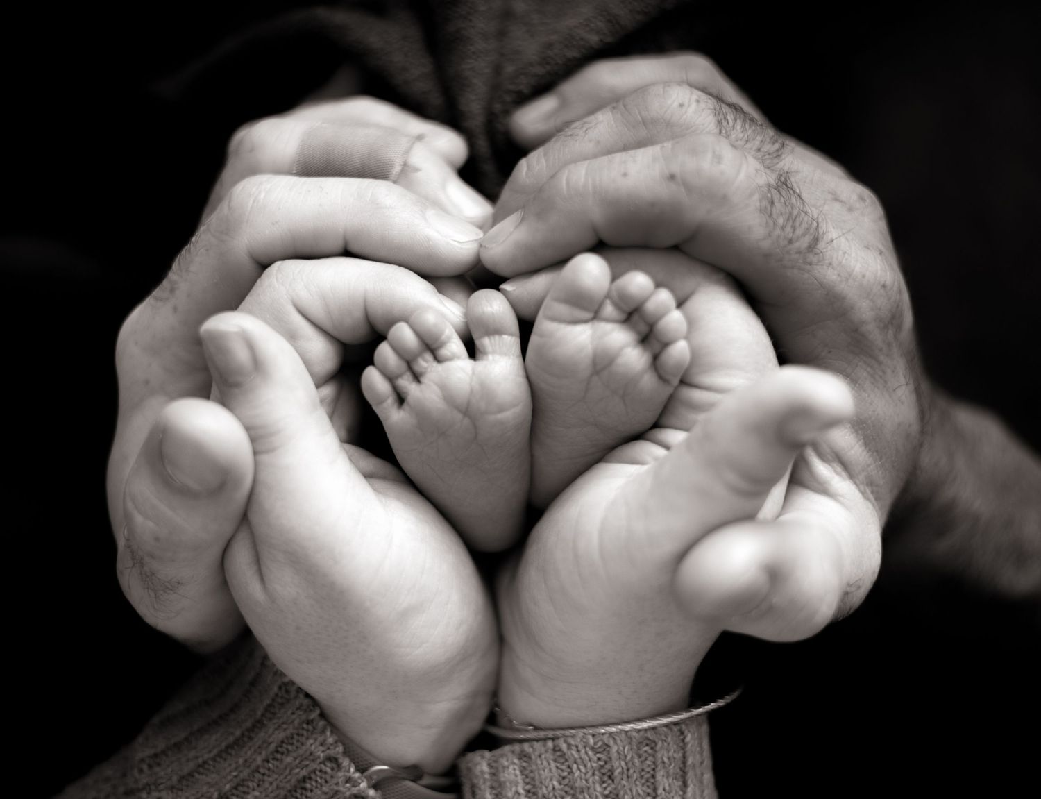 Black and white artistic close-up of tiny newborn feet held in loving hands.