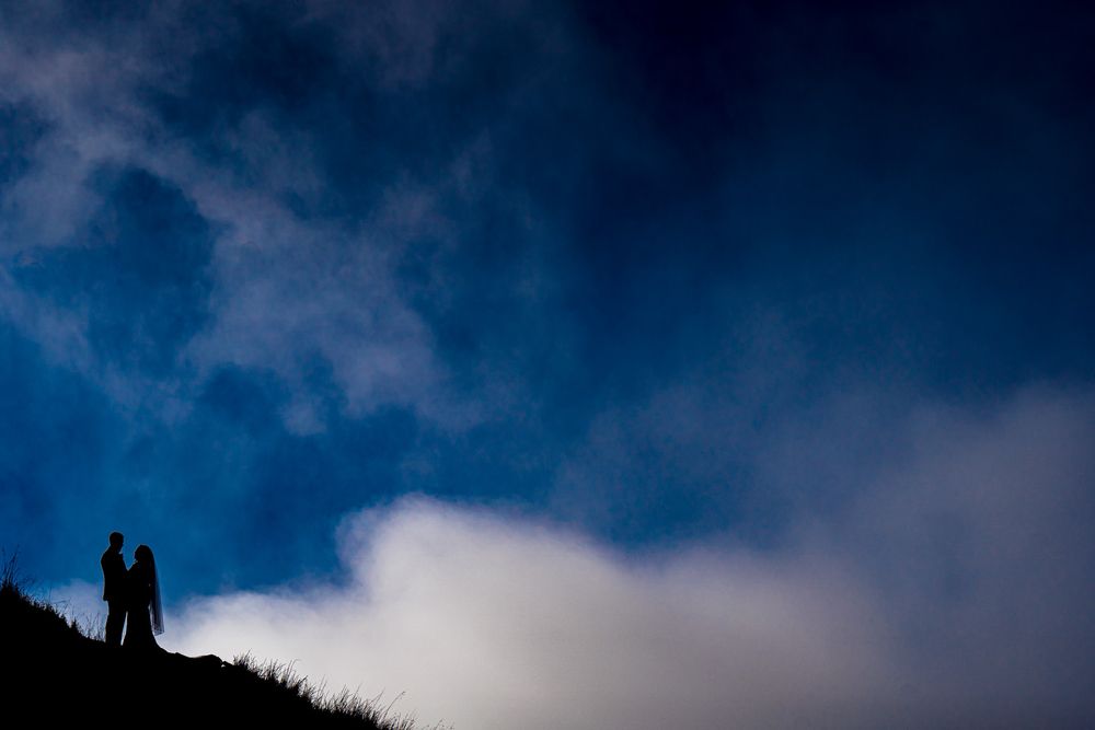 Silhouette of bride and groom on top of Bernal Heights Park San Francisco