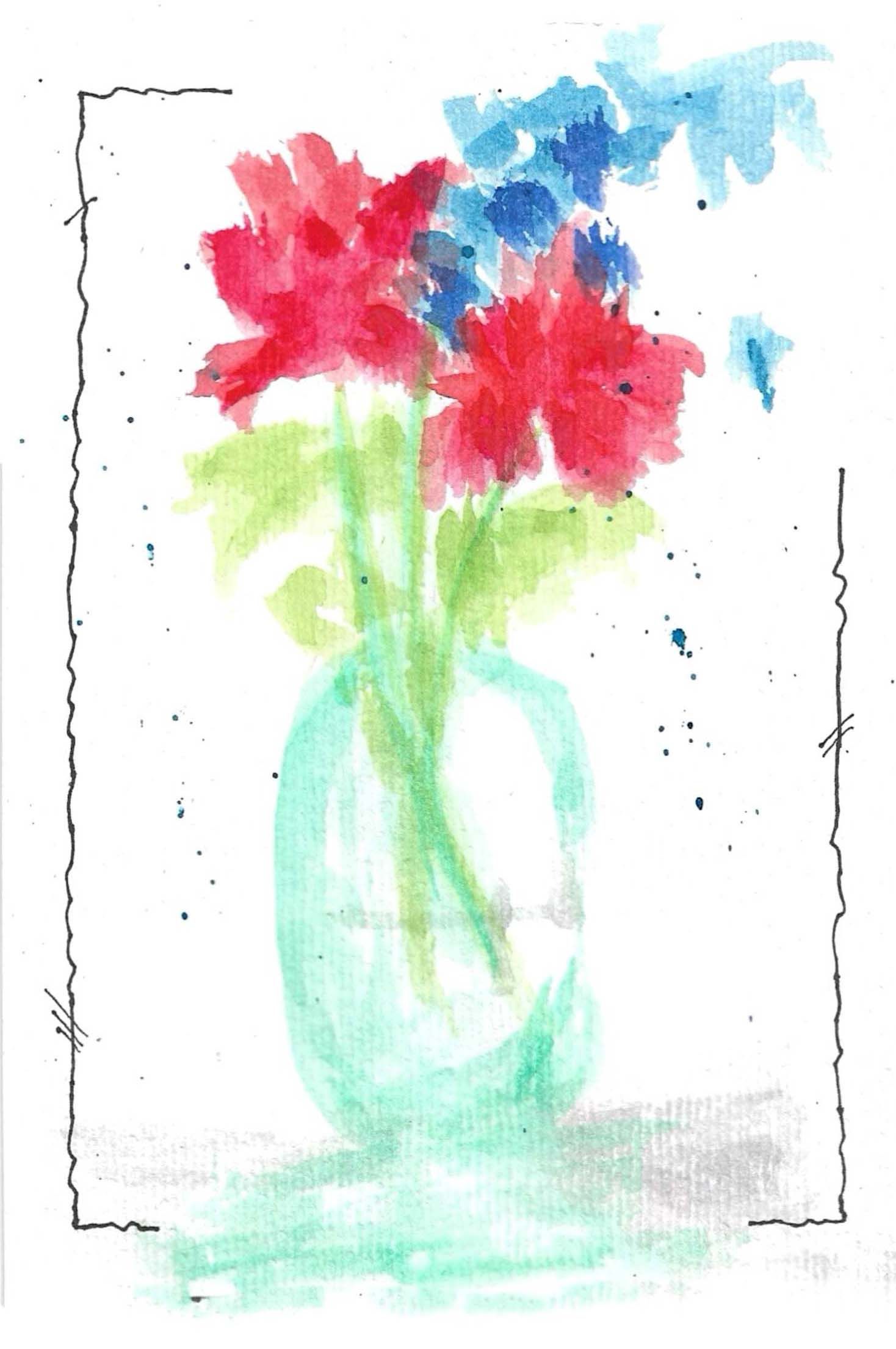 Watercolor sequence showing flowers in a glass vase with red and blue blooms.