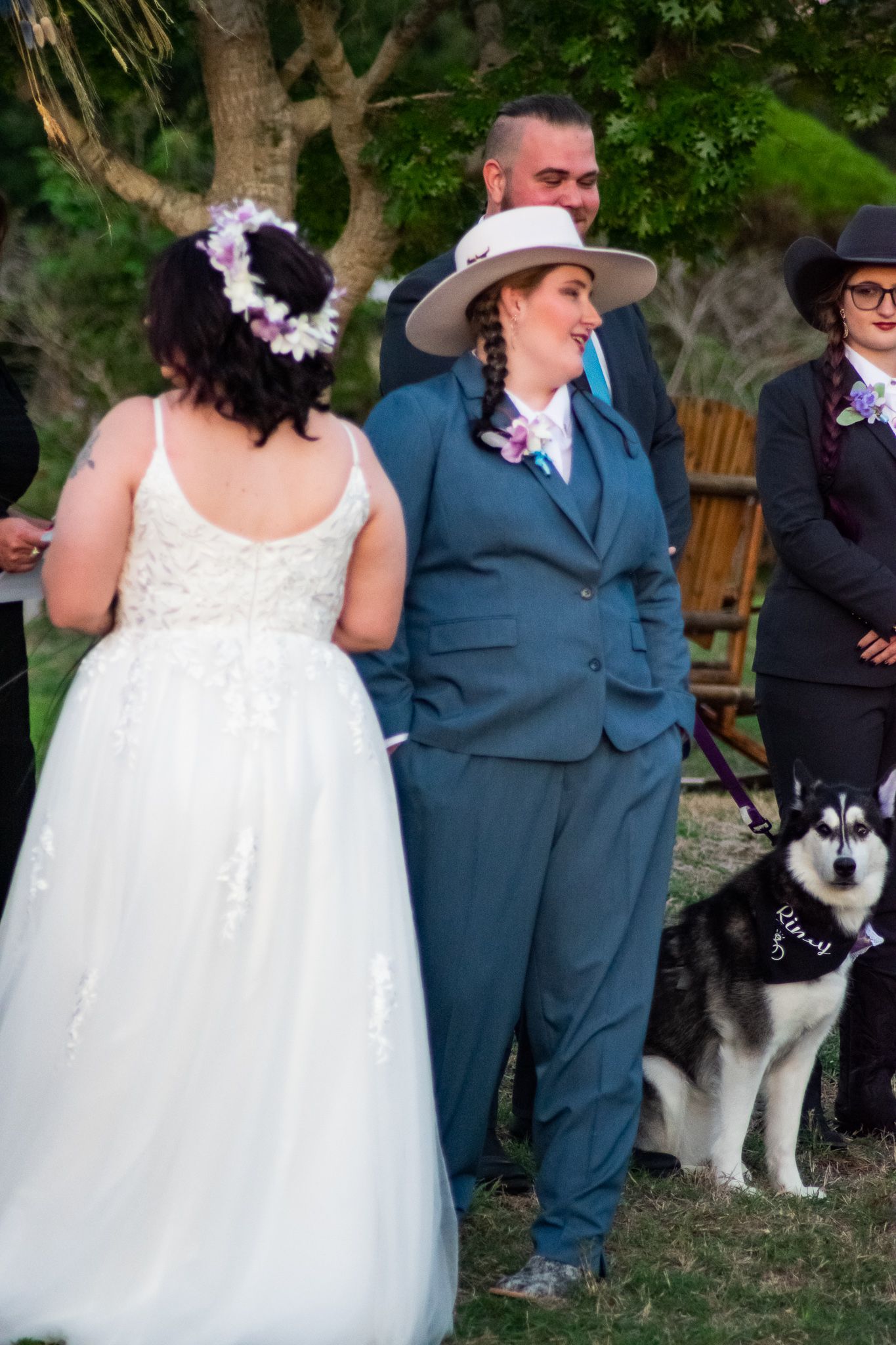 A wedding ceremony featuring participants in formal attire with a husky dog watching from the side.
