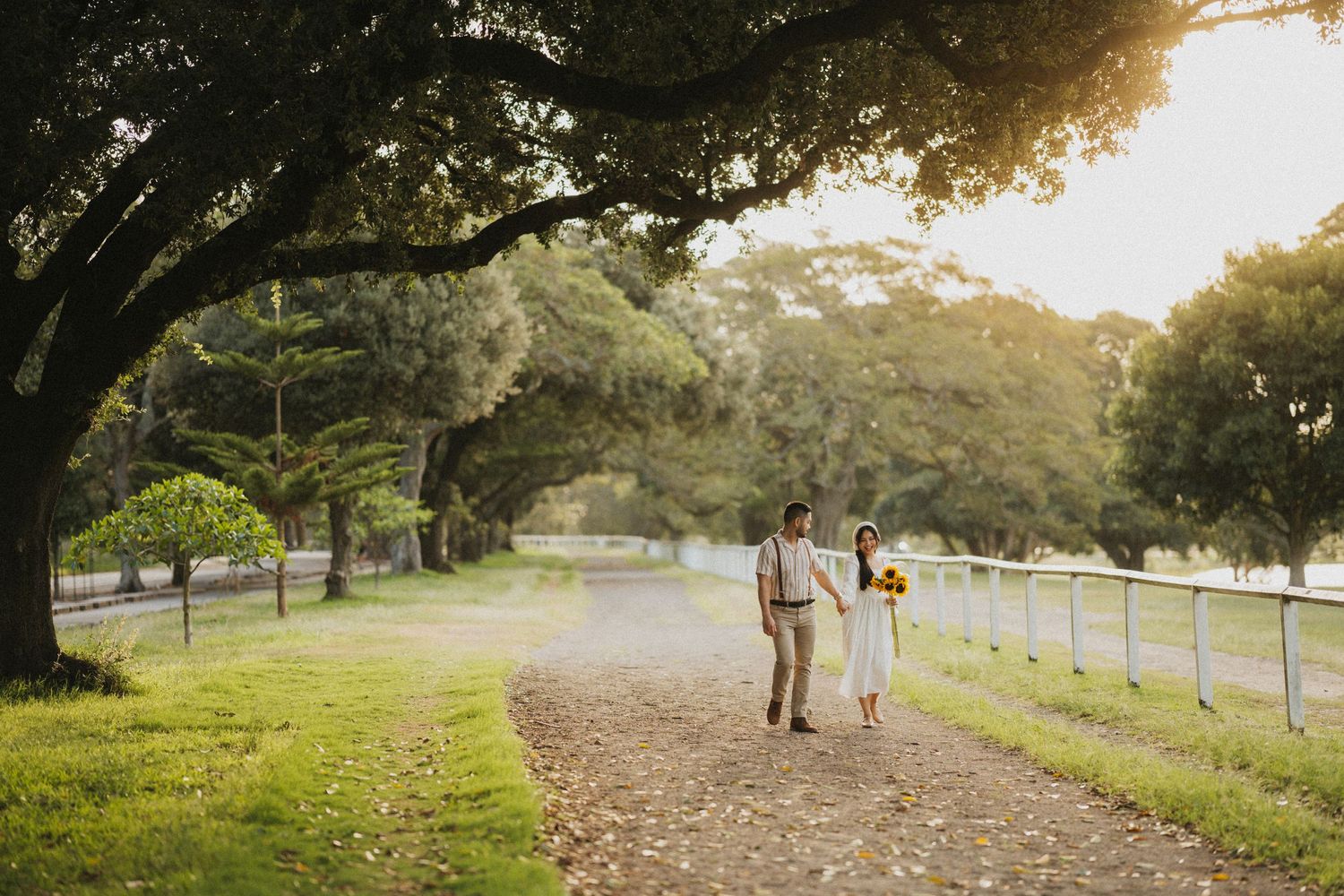 A romantic walk along a tree-lined path at sunset in a park setting.