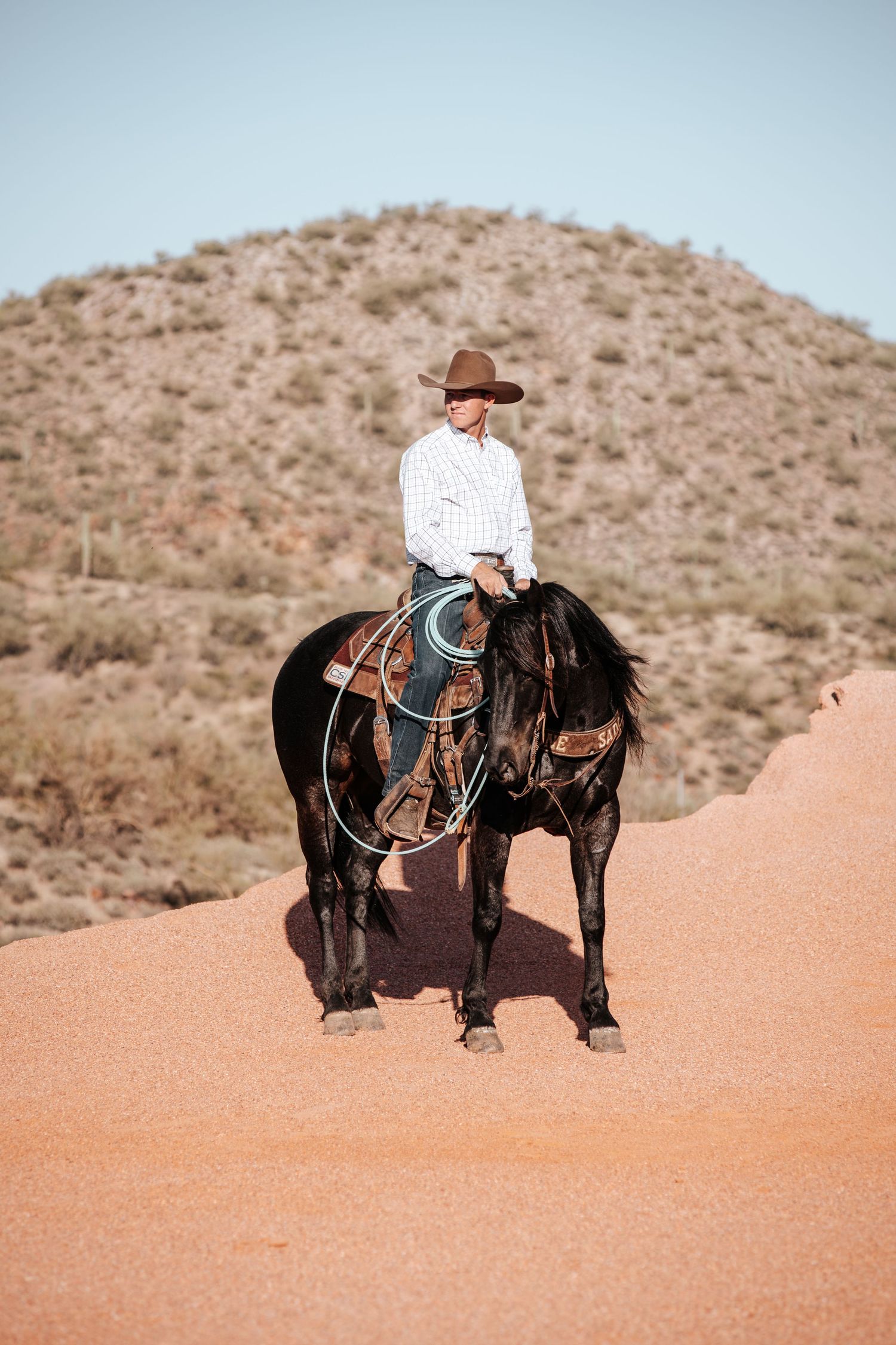Horseback rider in western attire posed against desert mountain backdrop.
