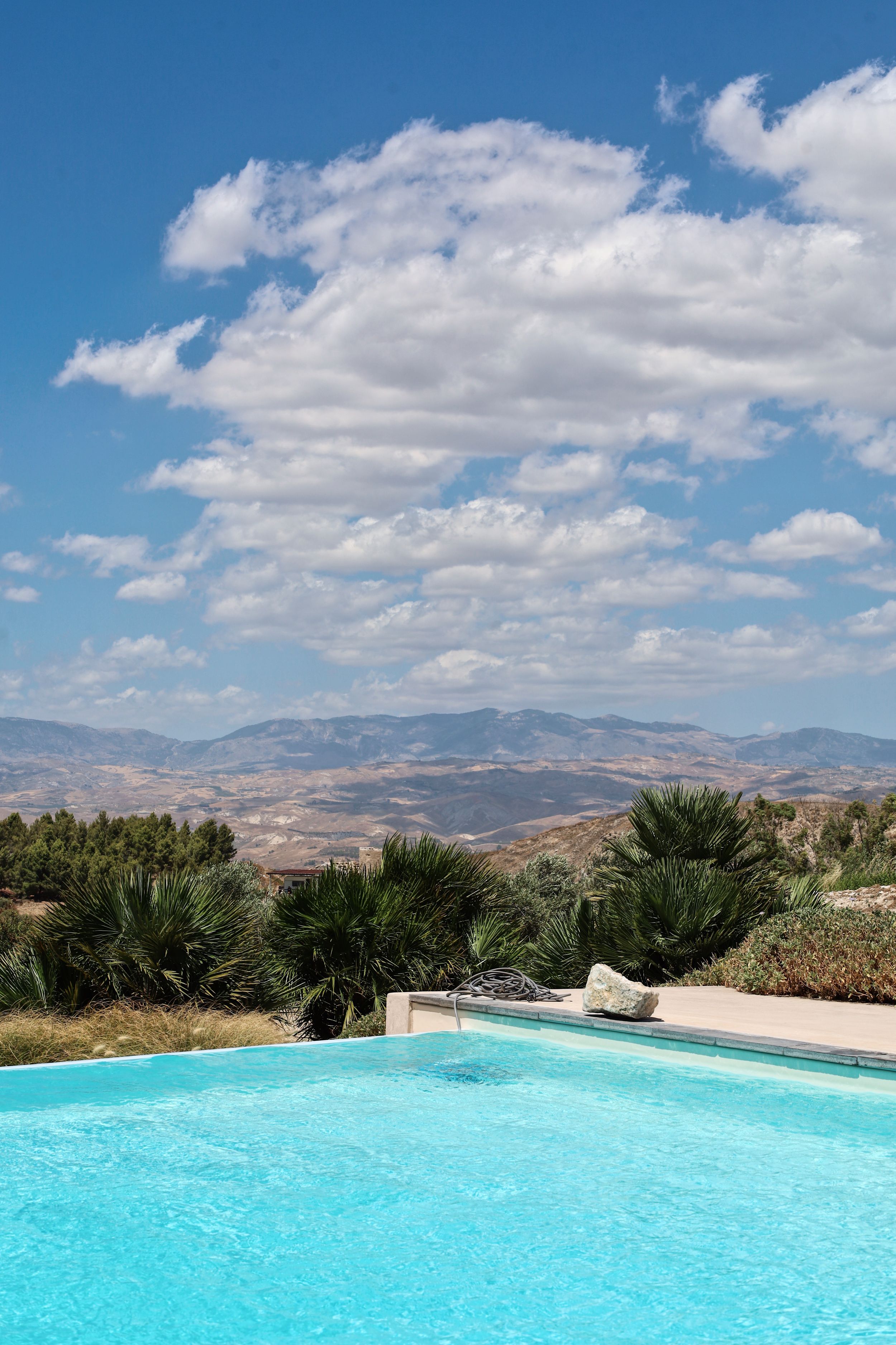Infinity pool overlooking scenic mountain views with turquoise water and palm trees.
