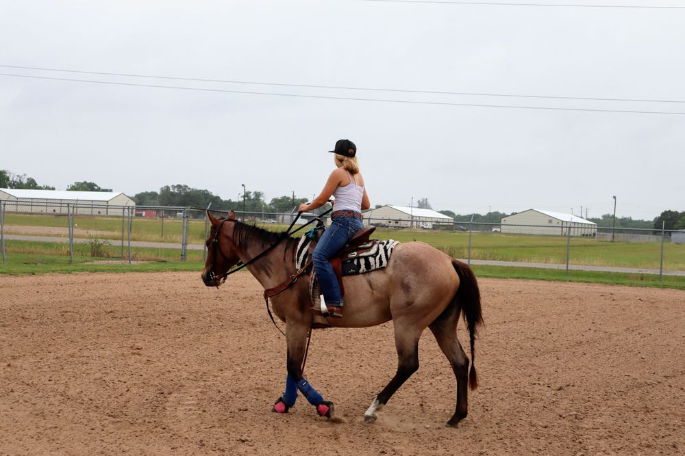 Horse and rider practicing barrel racing techniques in an outdoor arena.