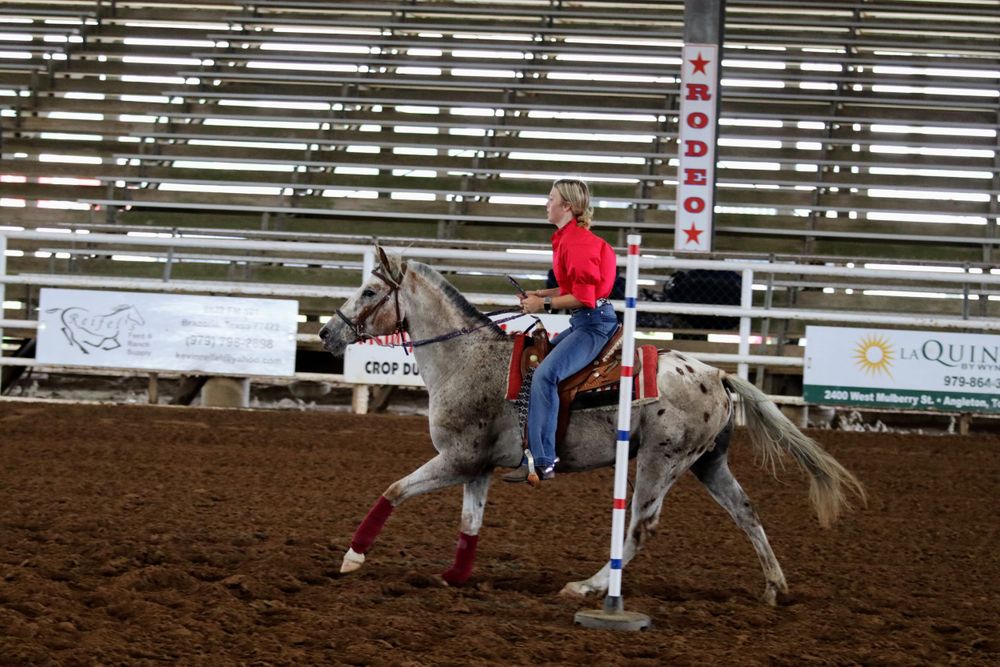Rider guiding horse through barrel racing pattern in rodeo arena with bleachers visible.
