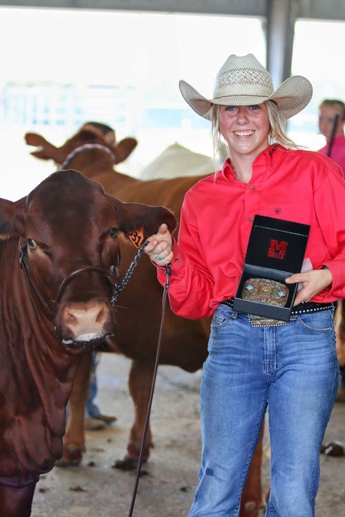 Person in cowboy hat and red shirt standing with brown cattle in a barn.