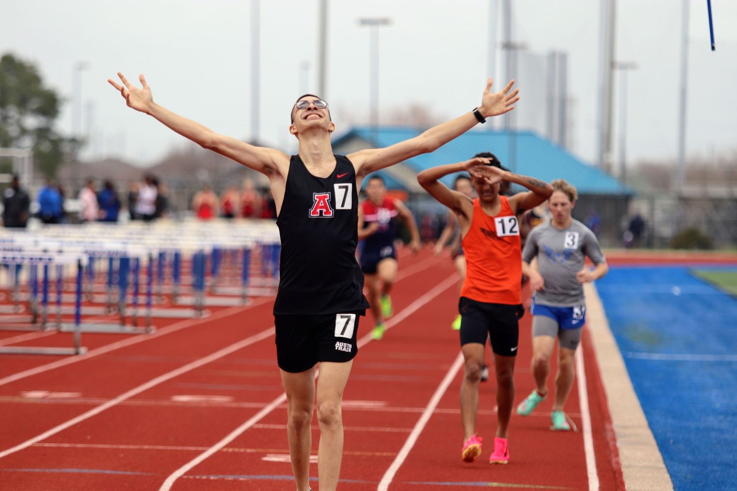 Track and field athletes crossing finish line with victory celebrations in sequential photos.