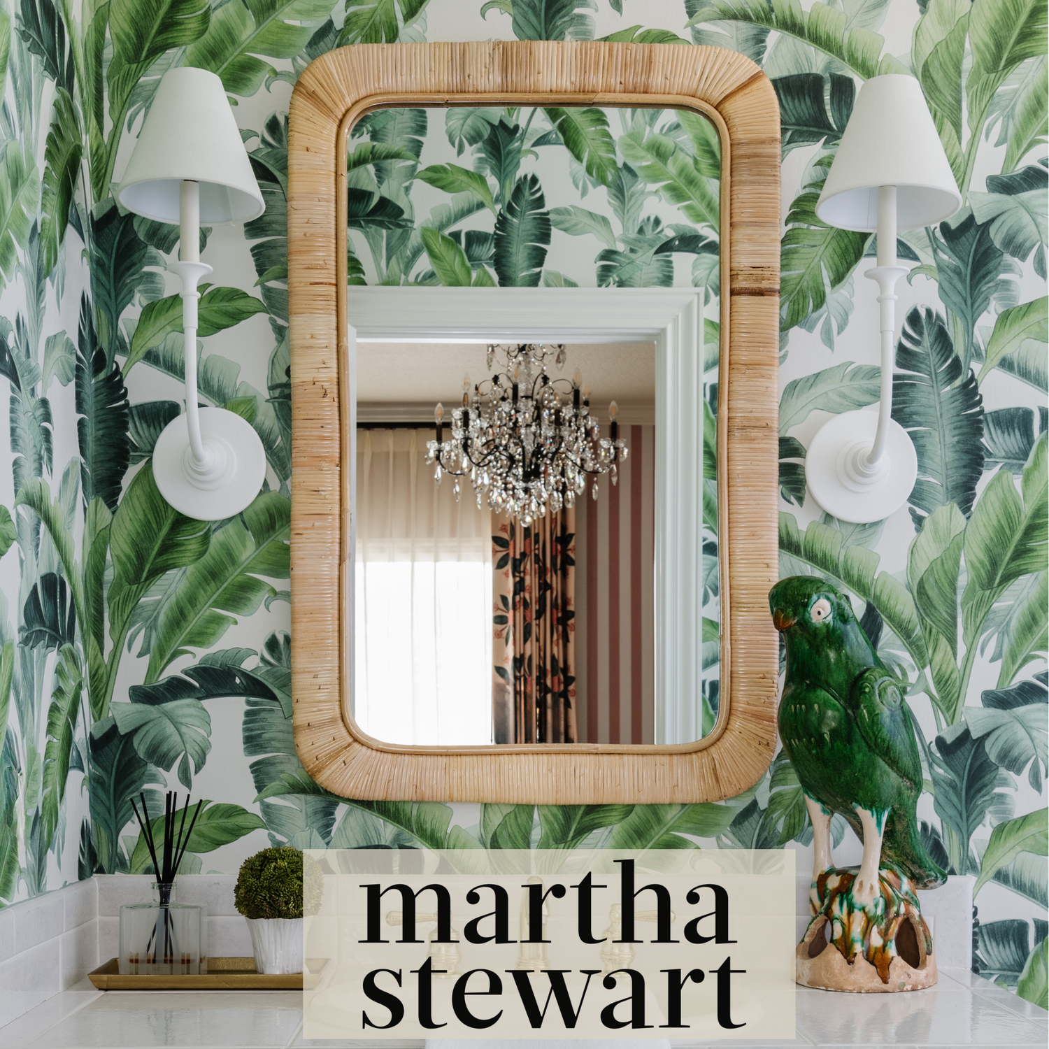 BAthroom with green palm leaves on wallpaper and ceramic parrot figurine on the counter.