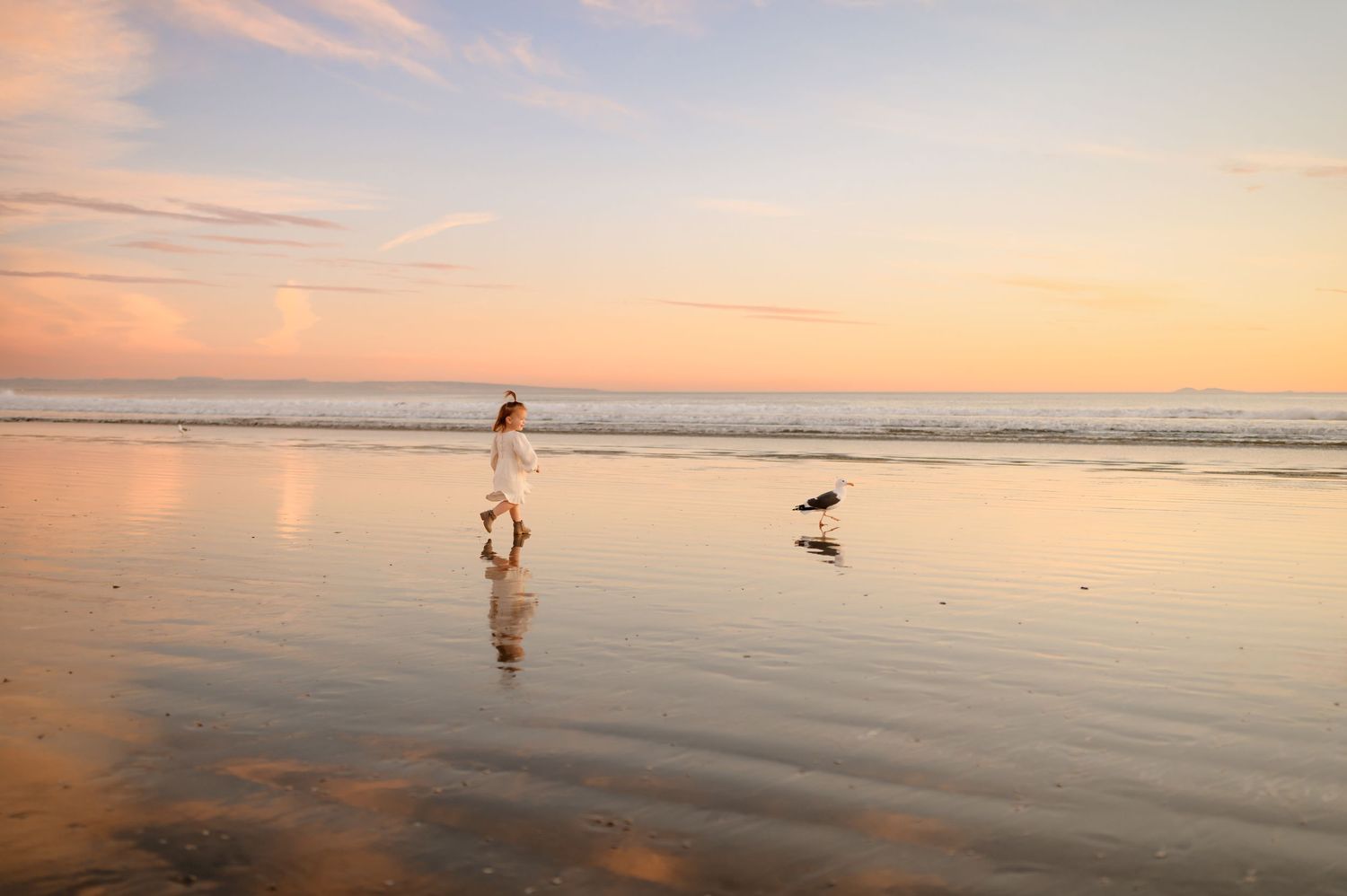 little girl running with bird with their reflections visible on the wet sand. by Ventura family photographer