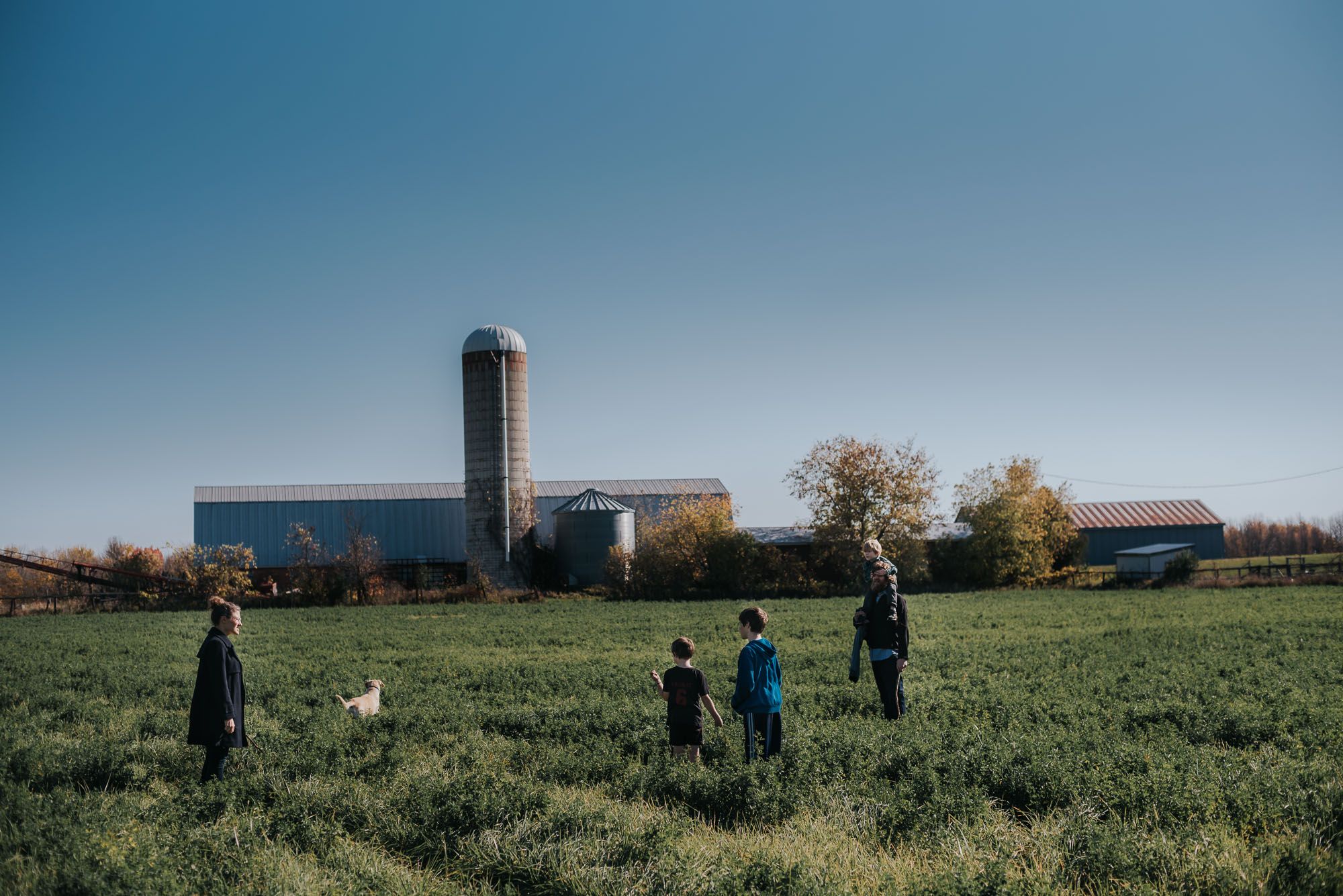 Photo of a family walking through a green field at their farm.