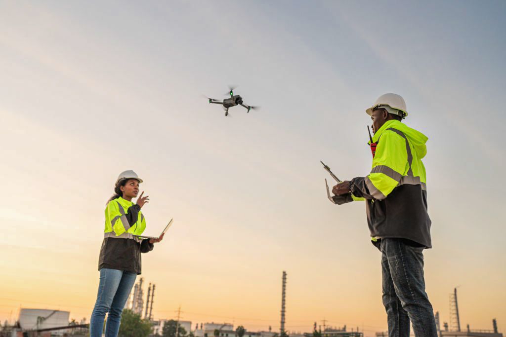 Two workers in safety vests operating a drone during sunset at industrial site.