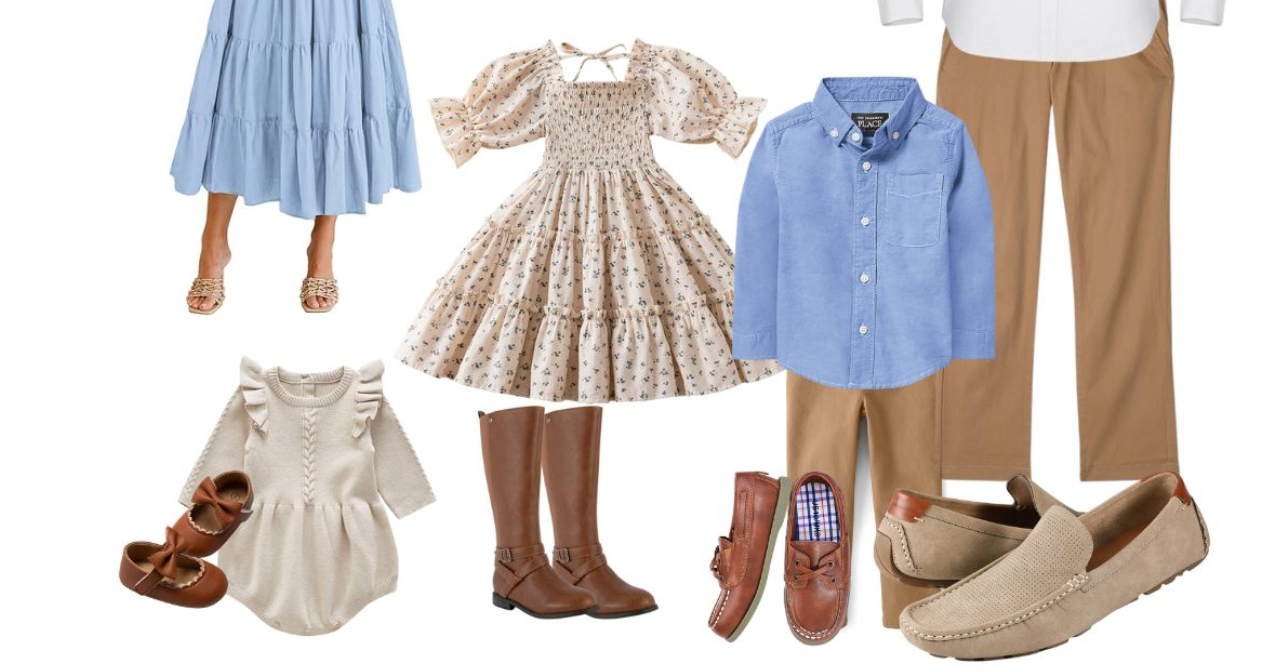 fall family photos outfit classic neutral cool blue elegant cute timeless dress fresh crisp mom beige sweater dad brown