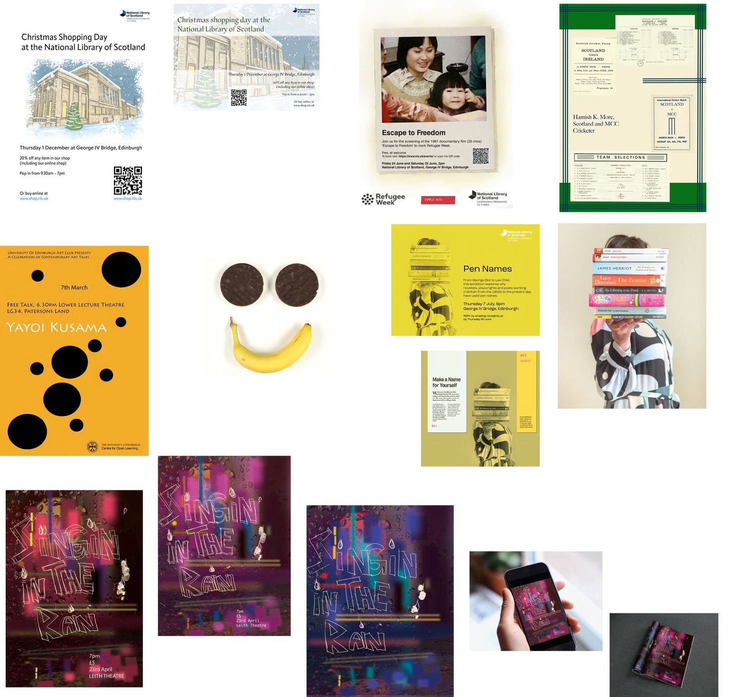 Collection of promotional materials and design elements including posters, graphics, and digital mockups.