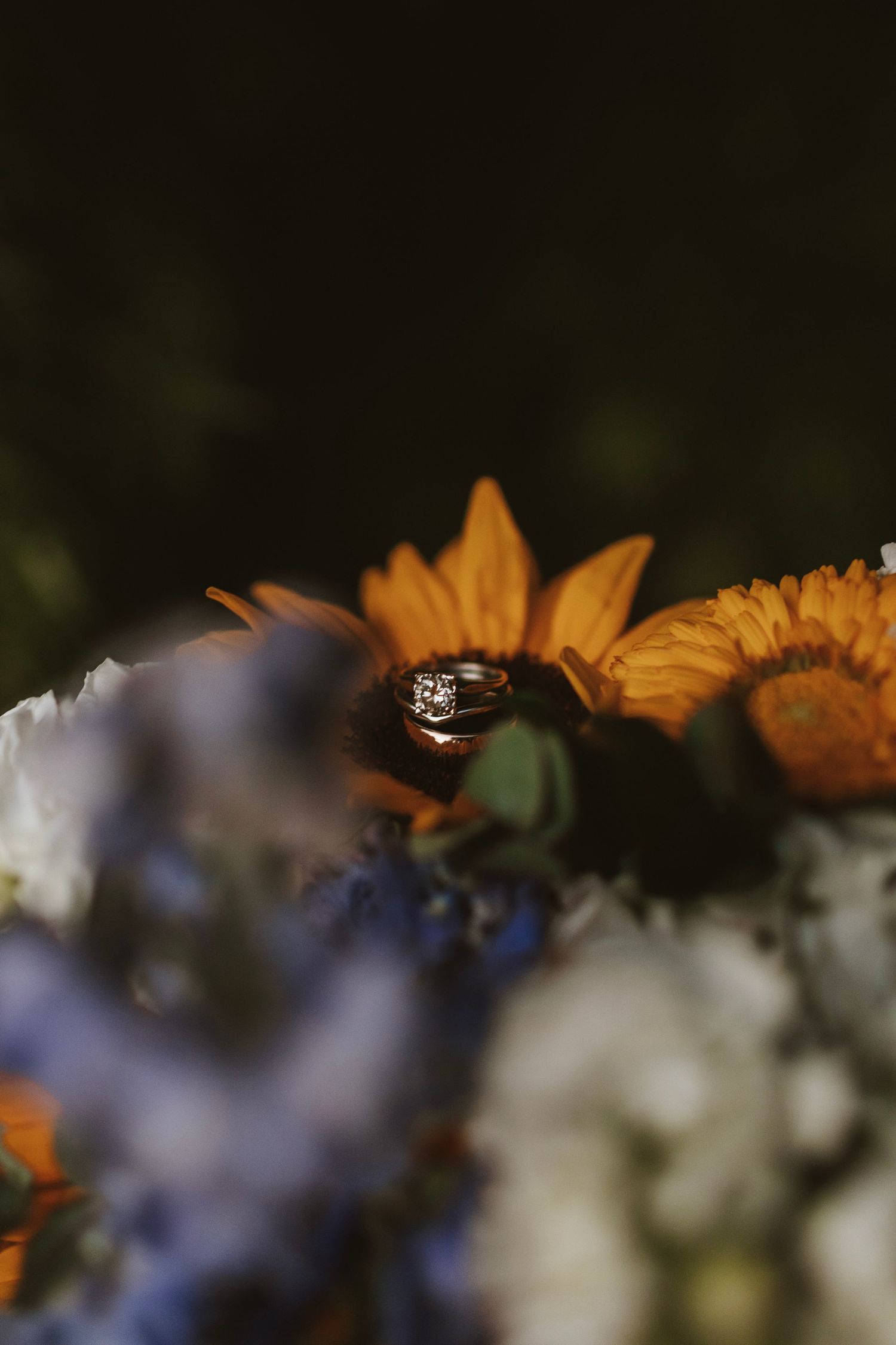 Wedding rings resting on a vibrant orange sunflower surrounded by a colorful bridal bouquet.