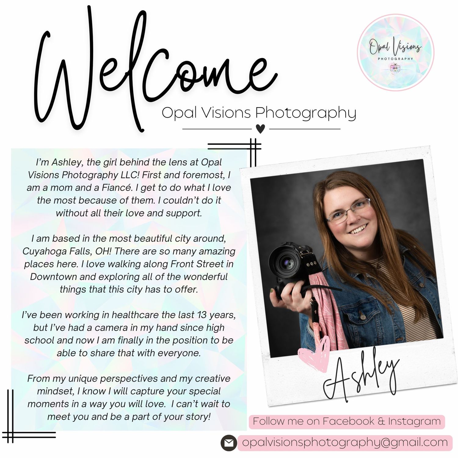 Welcome page for Opal Visions Photography with logo and business introduction.