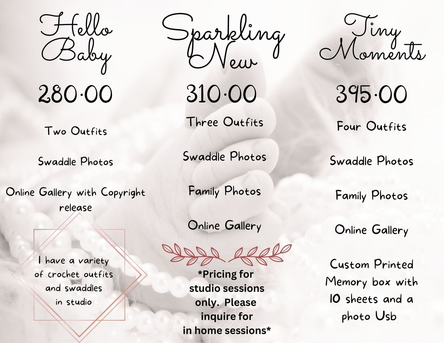Photography package pricing sheet for newborn and baby photo sessions with floral design elements.