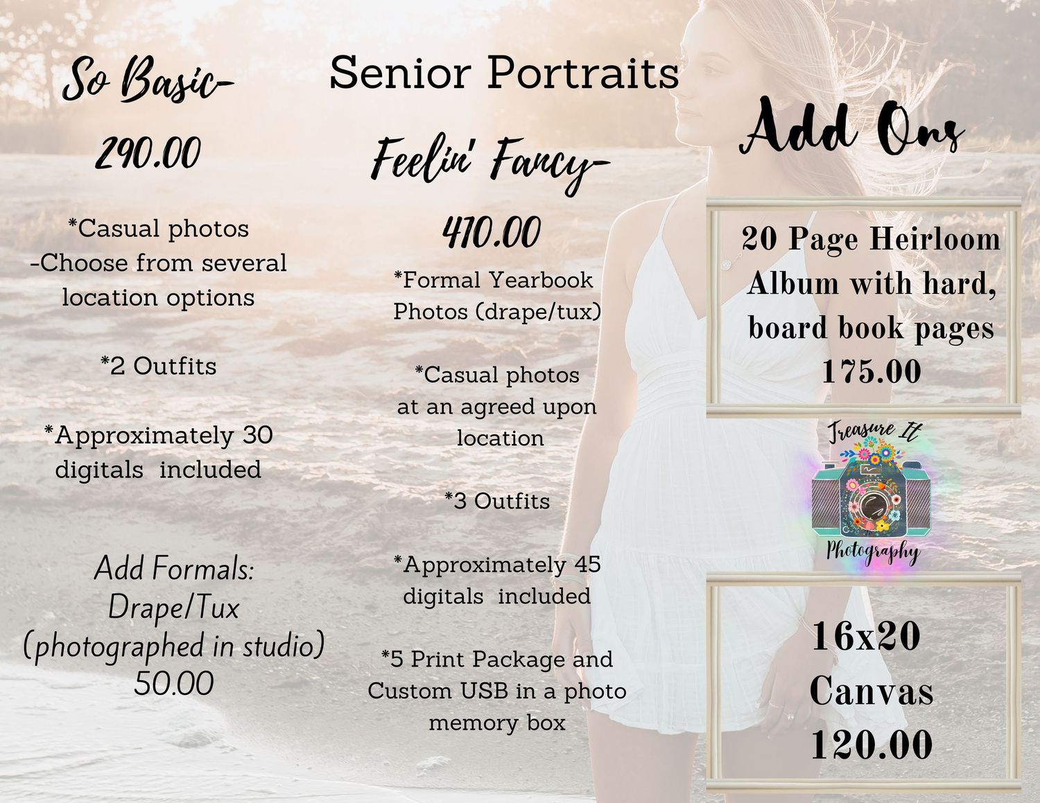 Photography pricing menu with senior portrait packages and add-ons listed on textured background.