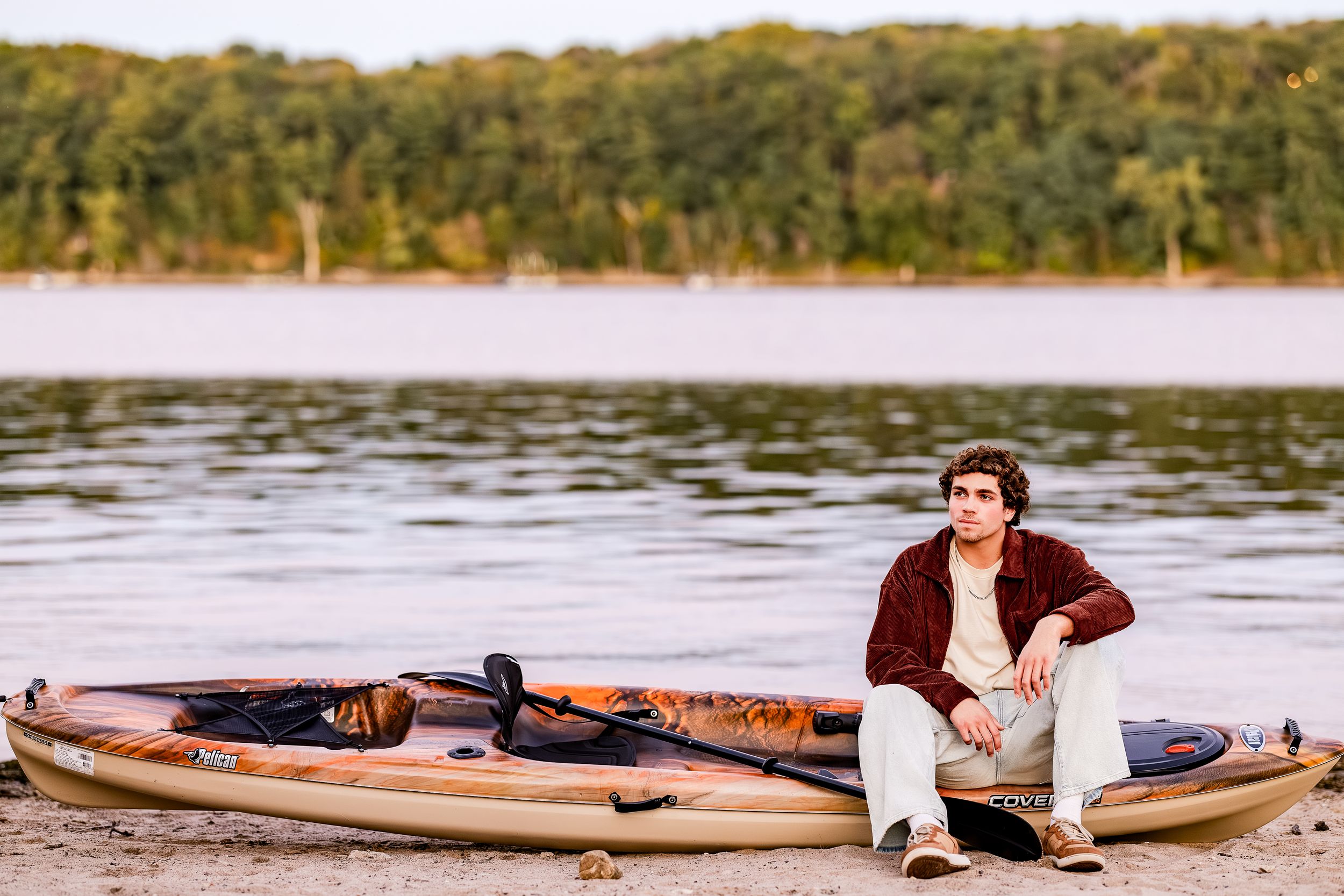 A series of kayaking images showing paddlers on a calm lake at sunset with golden light reflecting on the water.