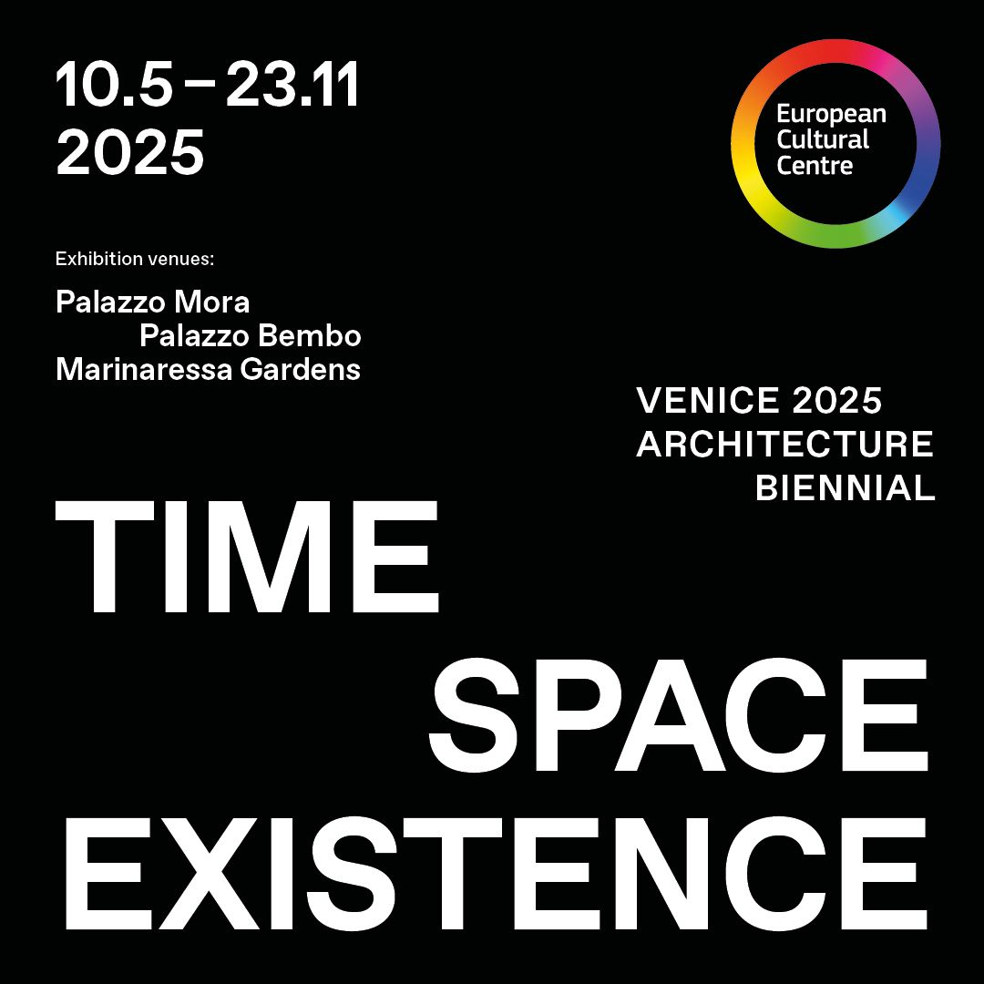 Exhibition poster for Venice 2025 Architecture Biennale featuring minimalist typography.