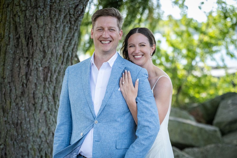 Wedding photography sequence showing couple in light blue suit and white dress outdoors.