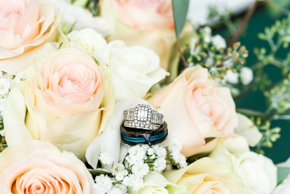 Beautiful wedding rings on a bouquet at Marriot Hotel, downtown Cleveland