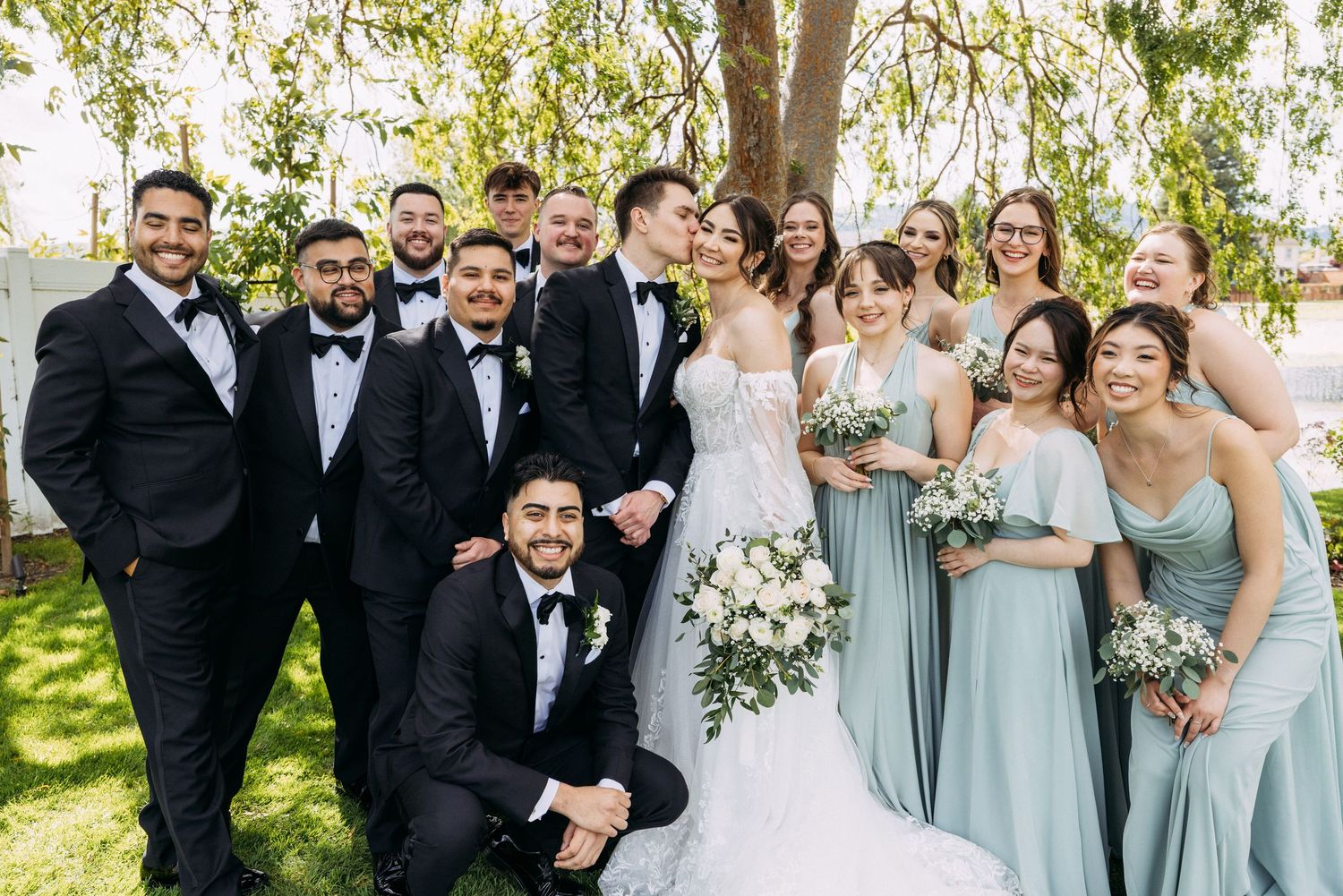 Newlyweds walk along San Francisco Presidio after wedding ceremony