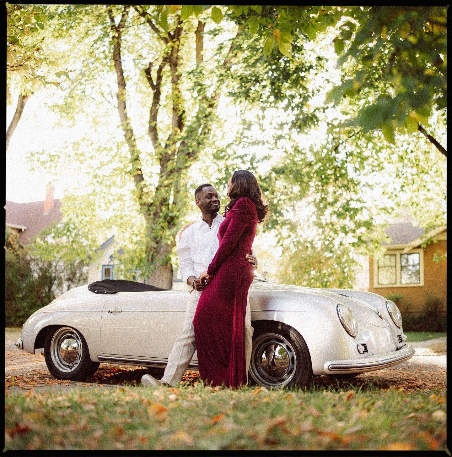 Engagement photo of the couple with a classic Porsche 356, shot on film with a Hasselblad 500CM, film wedding photographer