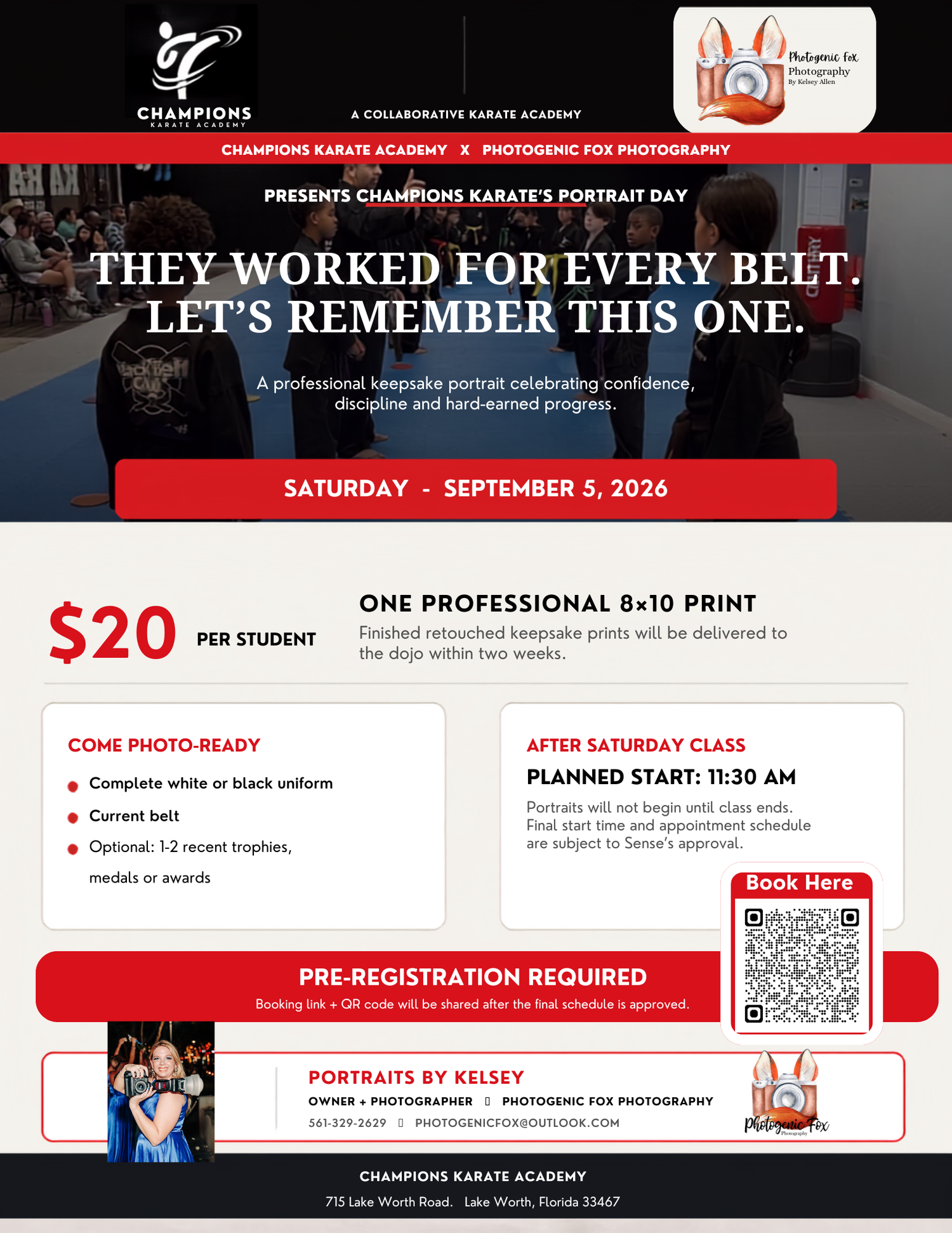 Flyer for Champions Karate Academy Portrait Day on September 5, 2026, offering professional 8x10 prints for $20 per student.