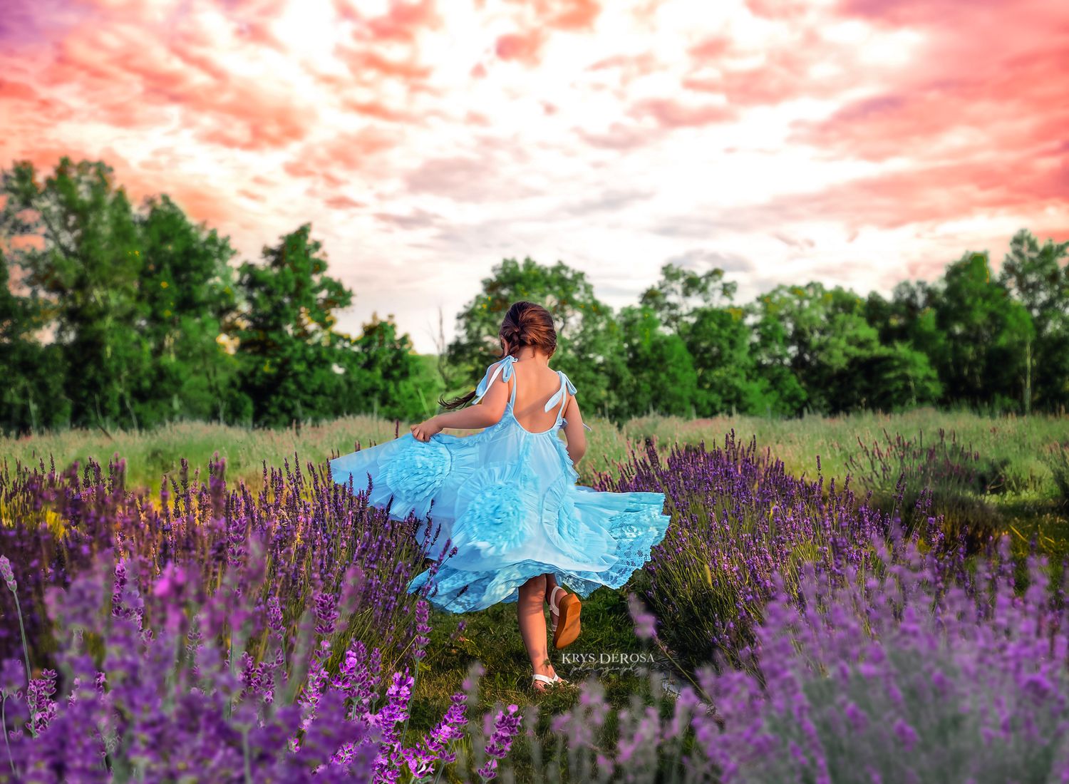 Woman in flowing blue dress running through vibrant purple lavender field at sunset with dramatic pink sky.