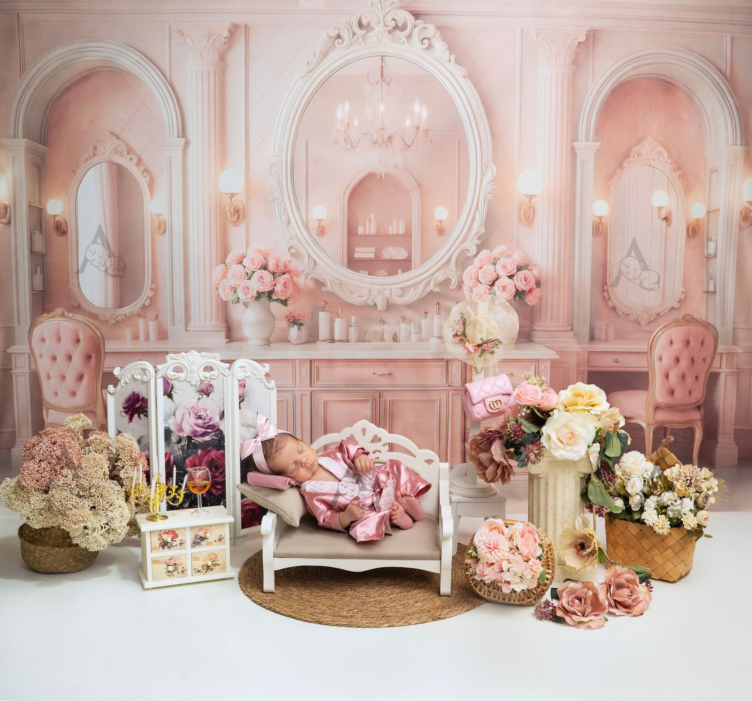 Newborn baby sleeping on a miniature white bench in an elegant pink floral studio backdrop. At The Affinity Studio in St. Augustine