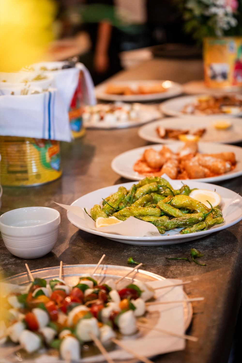 A spread of Italian appetizers including grilled vegetables, caprese skewers, and chicken on white plates at a restaurant.