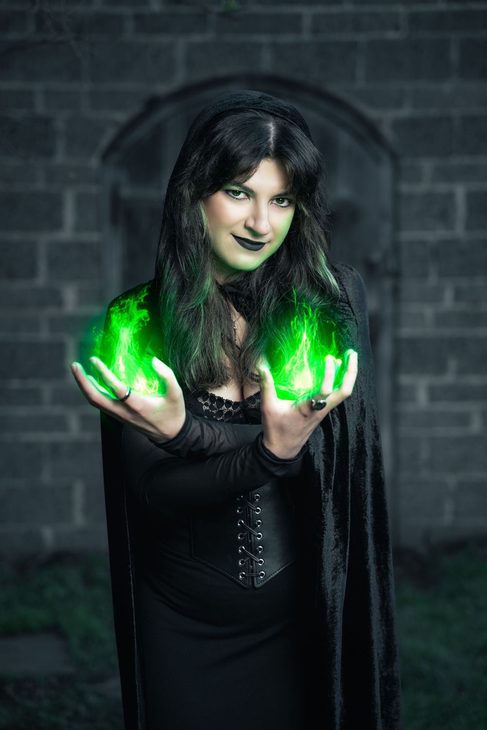 Dark fantasy portrait of a witch conjuring glowing green magic.