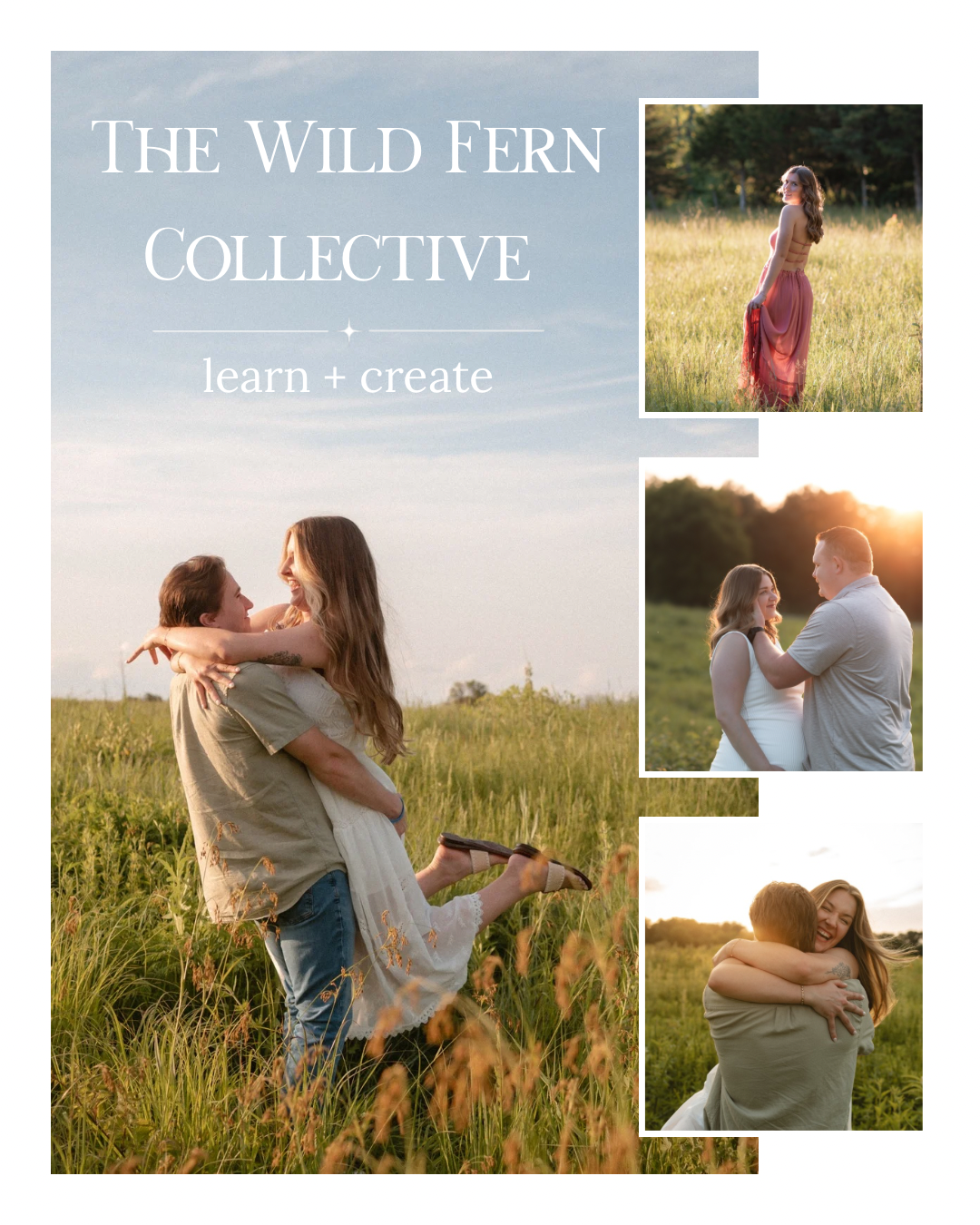 Couple embracing in golden hour sunlit field, Wild Fern Collective photography collage featuring romantic outdoor portraits.