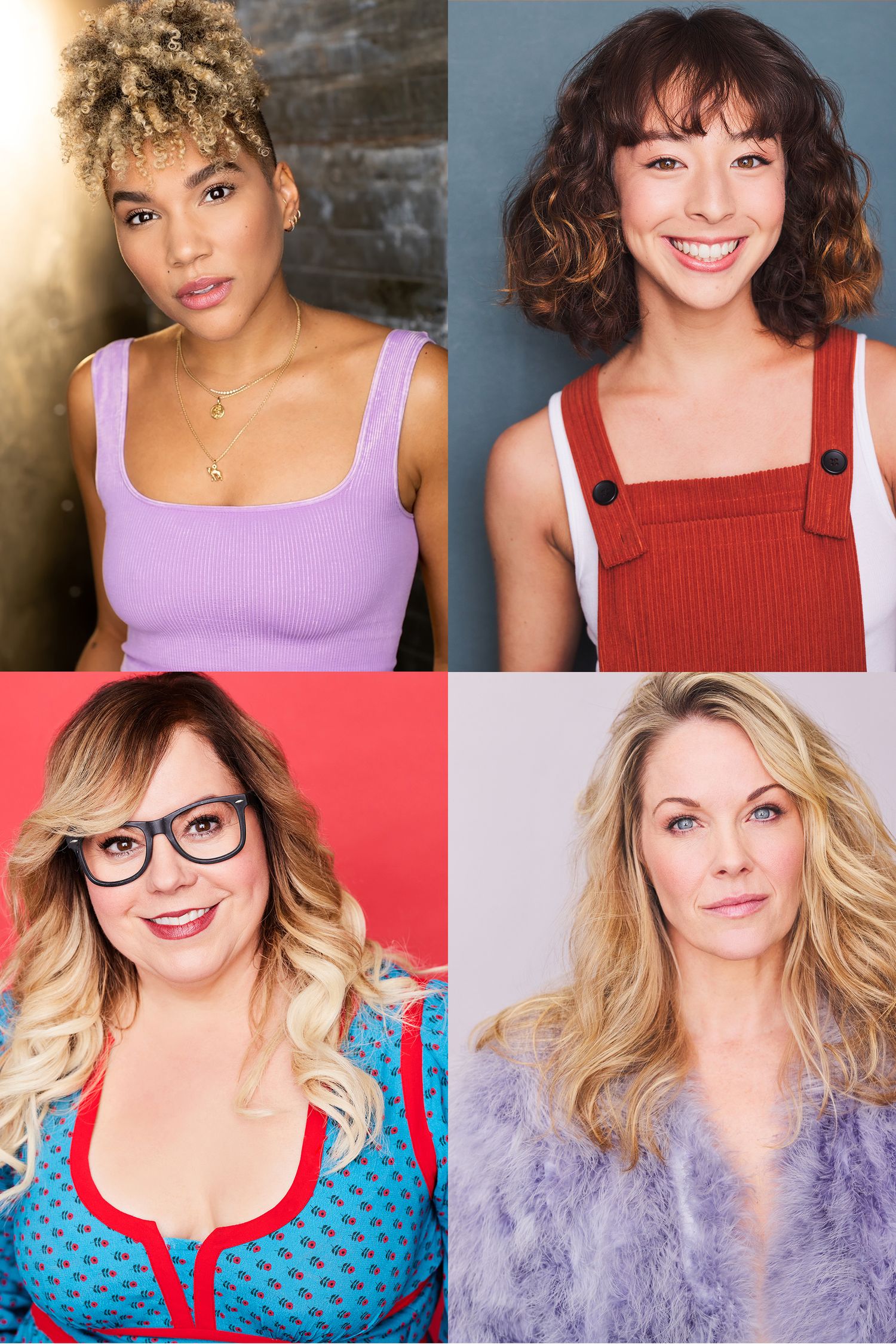 4 strong female actress headshots arranged in a grid against various colored backgrounds and expressions