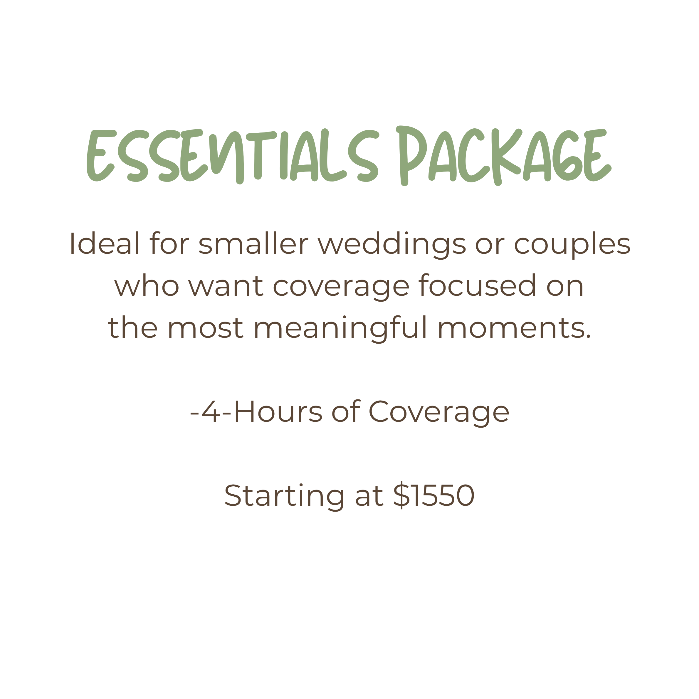 Essentials wedding photography package offering 4 hours of coverage starting at $1550 for smaller weddings.