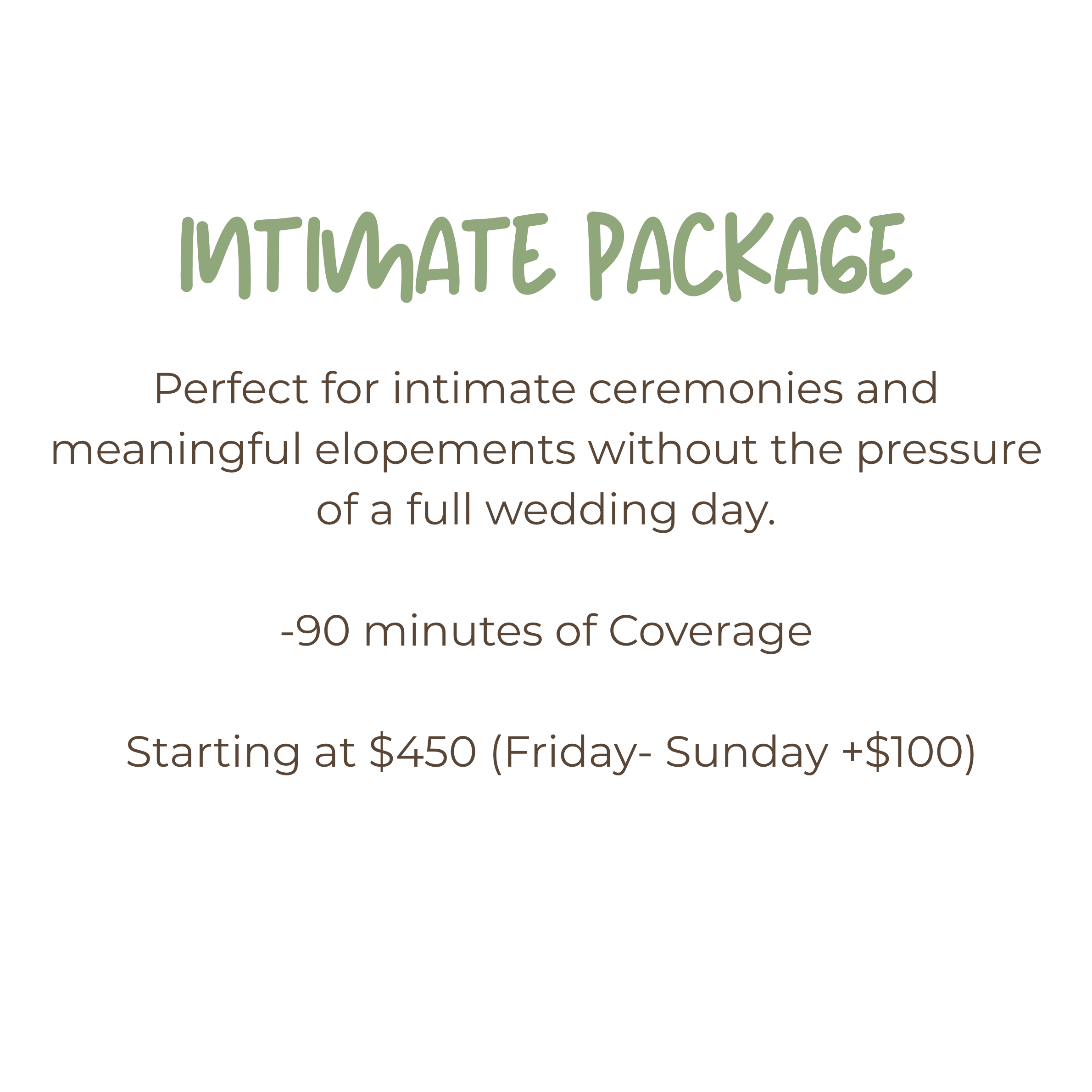Intimate wedding photography package starting at $450, offering 90 minutes of coverage for elopements and small ceremonies.