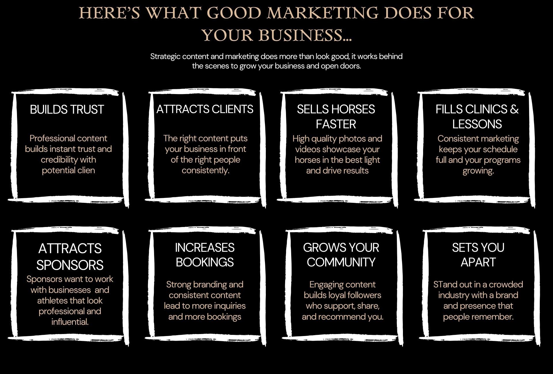 Infographic showing 8 benefits of good marketing for equestrian businesses, including building trust and attracting clients.