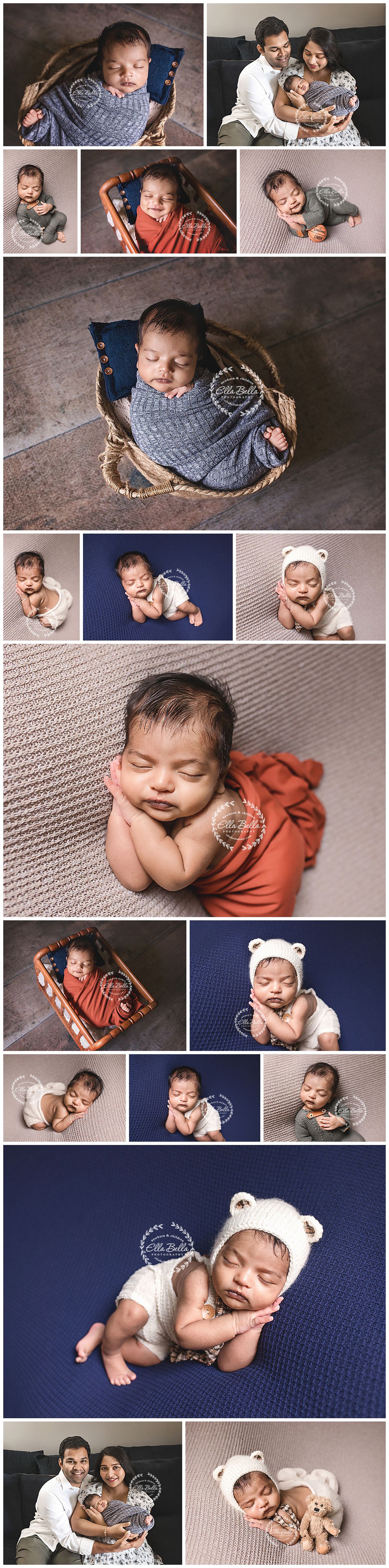 Newborn baby photography collage featuring a sleeping infant in basket, bear hat poses, and family portraits on navy and rust backdrops.