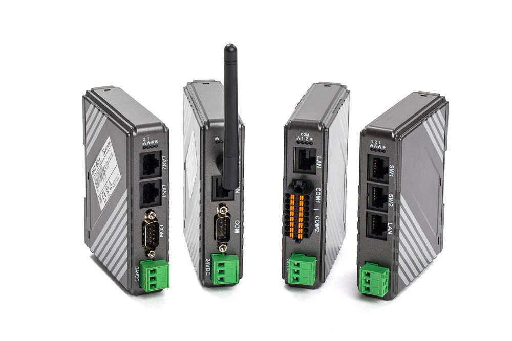 Four industrial gateway devices with serial ports, Ethernet, and wireless antenna connectivity for automation networks and Machinery control