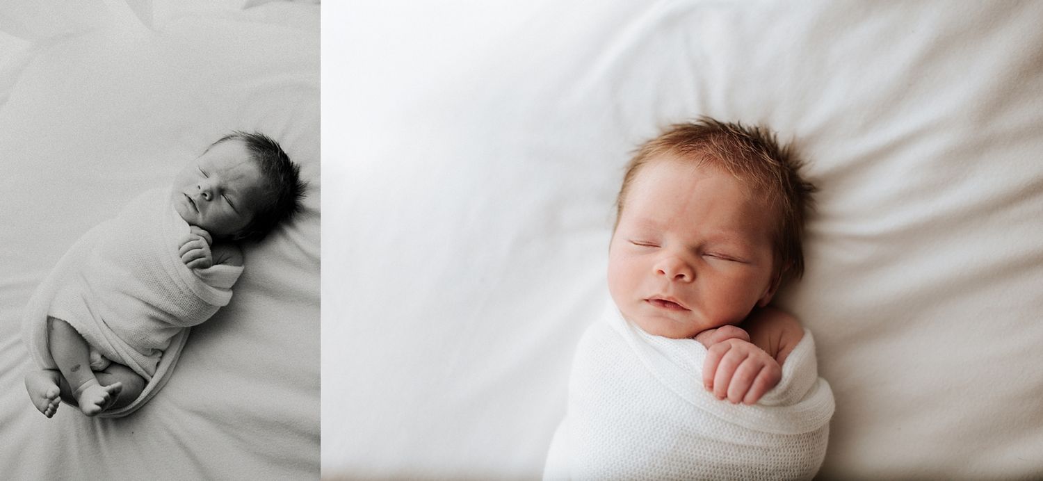 Peaceful newborn baby swaddled in white wrap sleeping, with soft natural light in a serene studio setting.
